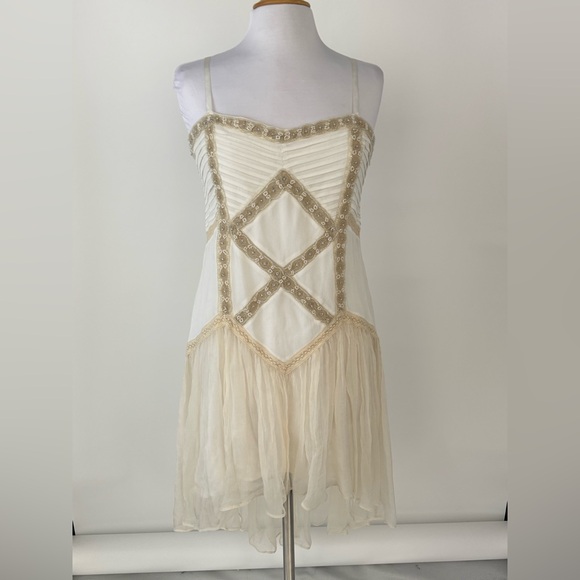 Free People Beaded Lace Cream High Low Dress Boho Wedding Festival Medium Large - Picture 2 of 13